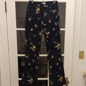 DRIFTWOOD Navy Velvet Flares with Floral Embroidery Size 28/6 Tall